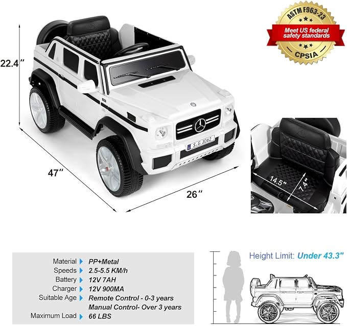 JOYLDIAS Kids Ride On Cars, Licensed Mercedes-Benz Maybach G650S, 12V7AH Battery Powered Toy Electric Car for Kids W/LED Underglow Lights, Remote Control,2 Motors, 3 Speeds,Music,Bluetooth,Horn, White