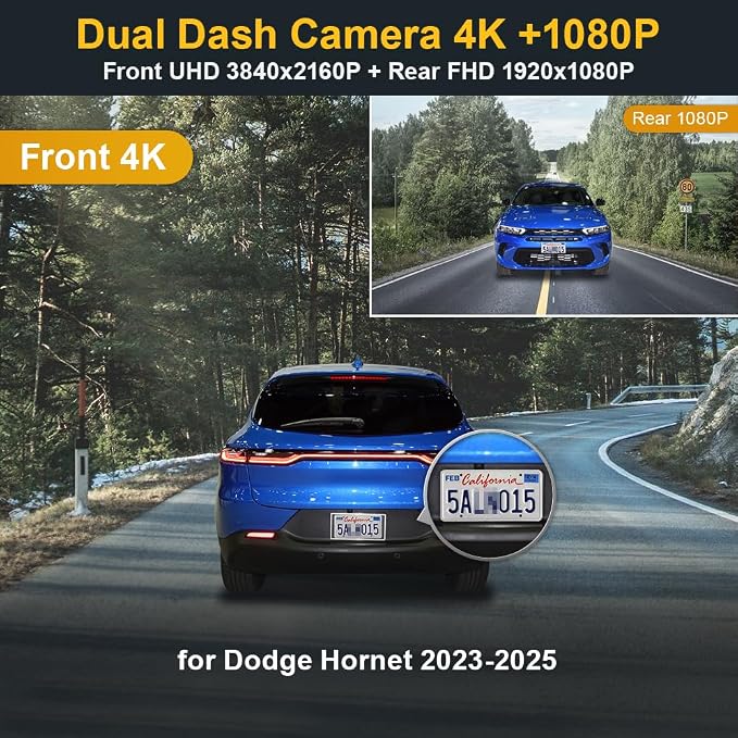 2160P+Rear 1080P Dash Cam Adapts for Dodge Hornet 2023 2024 2025 GT R/T Plus (HD2-D5410), OEM Look, Dual HD Video, Built-in WiFi & APP, Loop Recording, G-Sensor, Easy to Set, 128GB Card