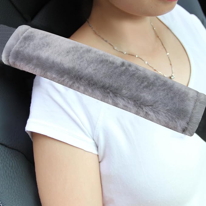 Soft Faux Fur Universal Fit Seatbelt Cover Car Truck SUV Airplane Seat Belt Shoulder Pad for Carmera Backpack Straps Neck Cushion Protector 2 Pack 10.5in Light Silver Grey