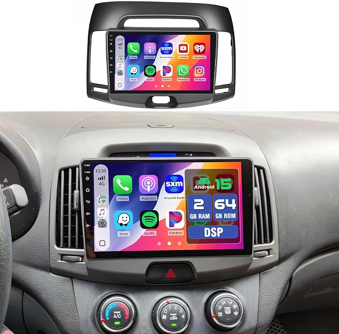 for Hyundai Elantra 2007 2008 2009 2010 Android 15 Car Stereo Wireless Carplay Android Auto DSP Car Radio 2+64G 9 Inch Touchscreen Upgrade 5G WiFi GPS Navi Bluetooth5.0 FM RDS EQ Free Backup Camera