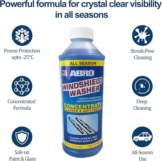 Windshield Washer Concentrate - 473ml, 2-in-1 All-Season Cleaner & Anti-Freeze, Up to -25°F (-31.5°C) Freeze Protection, Streak-Free Cleaning, Bug and Tar Removal