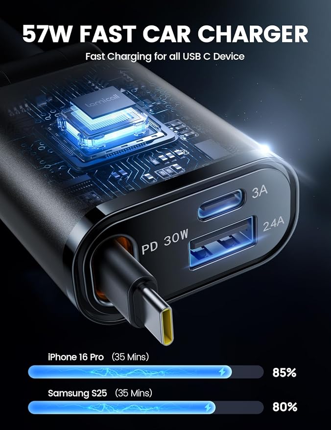 Car Charger USB C Compatible with iPhone 17 16 15 Fast Charging [Ultra-Compact, 60% Less Space] 57w Type C Retractable Car Charger Fit Samsung Galaxy S25 S24 Ultra Pixel Android - Black