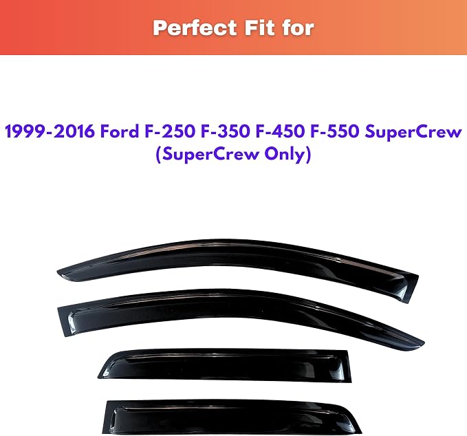 KPY Rain Guards Fit for 1999-2016 Ford F250 F350 F450 F550 Super Duty SuperCrew, Out-Channel Window Visors Vent Wind Deflector 4PC, Truck Accessories for 99-16 F250 F350 F450 F550 Super Duty SuperCrew