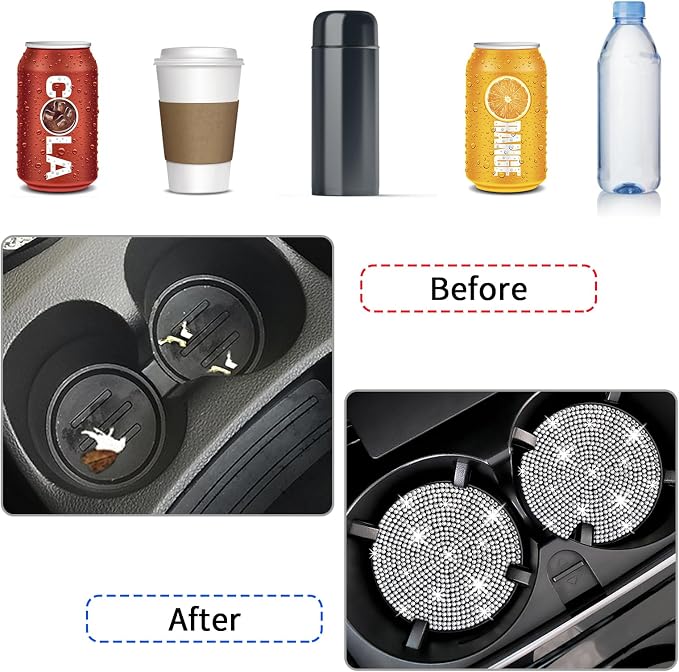 4 Pack Bling Car Coasters, Car Cup Holder Coaster, Rhinestone Coaster for Cup Holders, Silicone Car Coasters for Women Car Interior Accessories (2.75'' White Crystal Circle)
