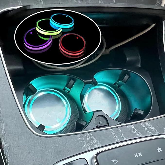 4pcs LED Car Cup Holders, Waterproof Cup Holder with 7 Colors Changing USB Charging Mat, LED Interior Atmosphere Lamp Decorations with 2pcs USB Cables for Car Truck Vehicle Accessories