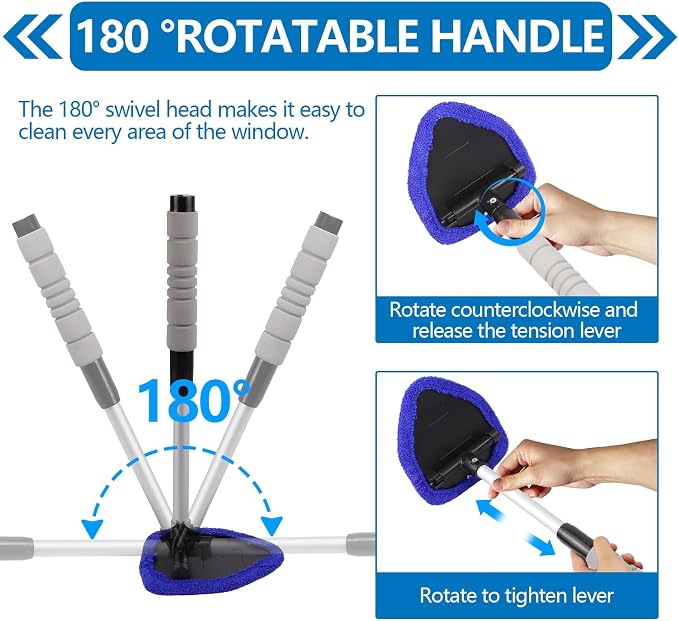 Car Windshield Cleaning Tool, Car Windshield Window Cleaner, Auto Window Glass Cleaning Kit with Extendable Handle & Reusable Microfiber Pad & Spray Bottle, Universal Car Accessories (Blue)