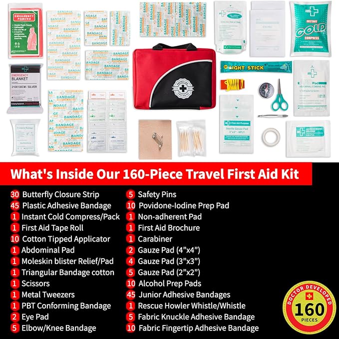 Survival First Aid Kit for Home/Business, Camping Survival Kits | Mini Travel First Aid Kit | Camping Equipment | Small Kits for Car | Outdoor Emergency Survivals Pack - 160pcs