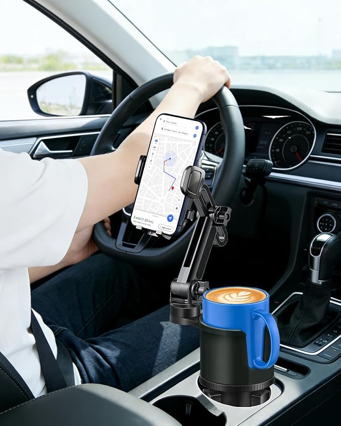 Cup Phone Holder for Car with Expandable Base, 2 in 1 Height-Adjustable Dual Cell Phone Holders Car Cupholder Mount, Friendly Fit Large Bottle & iPhone All Cellphone for Truck SUV | No Shake Design