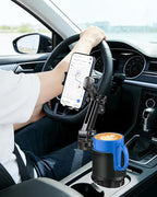 Cup Phone Holder for Car with Expandable Base, 2 in 1 Height-Adjustable Dual Cell Phone Holders Car Cupholder Mount, Friendly Fit Large Bottle & iPhone All Cellphone for Truck SUV | No Shake Design