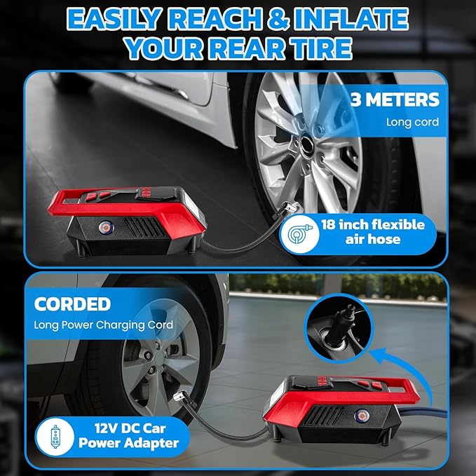 Bullseye 12V DC Car Tire Inflator Portable Air Compressor - Rapid 2 Minute Inflation, Auto Shut-Off, Max 150 PSI, Easy Cord Storage, Digital Pressure Gauge, Works For Bikes, Motorcycles, Inflateables