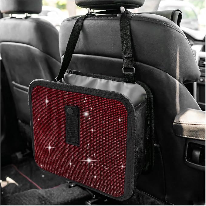 Bling Car Trash Can with Rhinestone, Sparkling Foldable Auto Garbage Container Hanging Back Seat Organizer, Crystal Dustbin Leakproof Garbage Can for Vehicle Home Office (Red)
