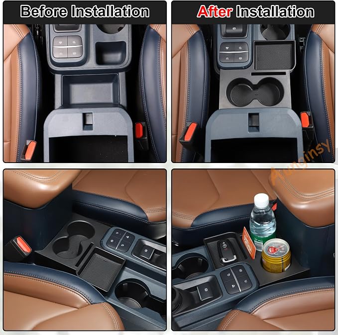 Center Console Cup Holder Organizer Compatible with Ford Maverick 2022-2026 | Front Seat Armrest Storage Box Dual Cupholder Insert Expander Tray Drink Water Bottle Holder with Mat Interior Accessories