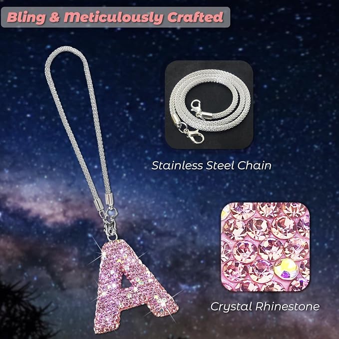 Bling Pink Car Accessories for Women Letter Charm, Rainbow Color Rear View Mirror Cute Crystal Pendant Car Decorations, Lucky Gifts Girly Diamond Rhinestone Charm Letter A