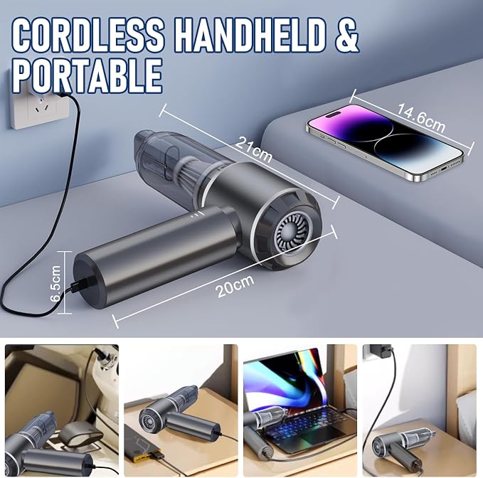 Car Vacuum Portable Cordless 20000PA High Power 4-in-1 Compressed Air Duster & Air Blower & Pump Hand Held Vacuum with Brushless Motor for Car, Home, Office,Camping Ideal Gifts for Men & Women