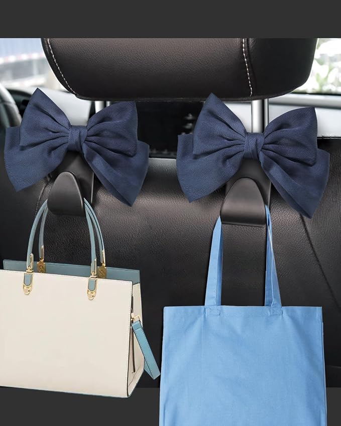 2 Pack Car Purse Holder for Handbags and Bags, Headrest Back Seat Hooks for Cars, Car Bag Hanger for Groceries, Coats, Umbrellas and Daily Essentials, Bow-Shaped Car Interior Organizer (Sapphire blue)