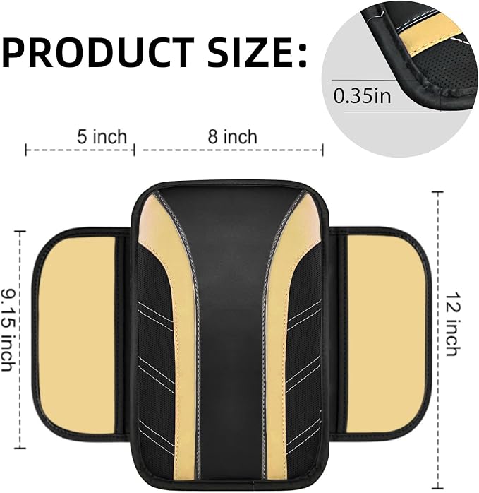 6 Pcs Beige Car Accessories Set, Sport Leather Steering Wheel Cover 14.5-15inch Universal, Microfiber Leather Car Center Console Cover, Seat Belt Cushion, Cup Holder Coaster (Black-Beige)