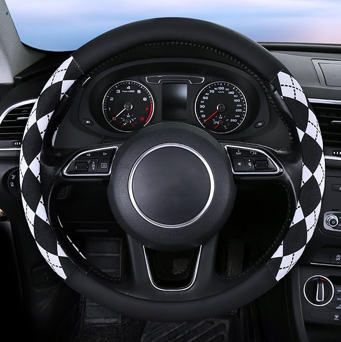 Lattice Car Steering Wheel Cover Microfiber Leather Non-Slip Comfort Universal 15 inch Checkered Plaid Wheel Protector for Truck, SUV, Cars (Black)