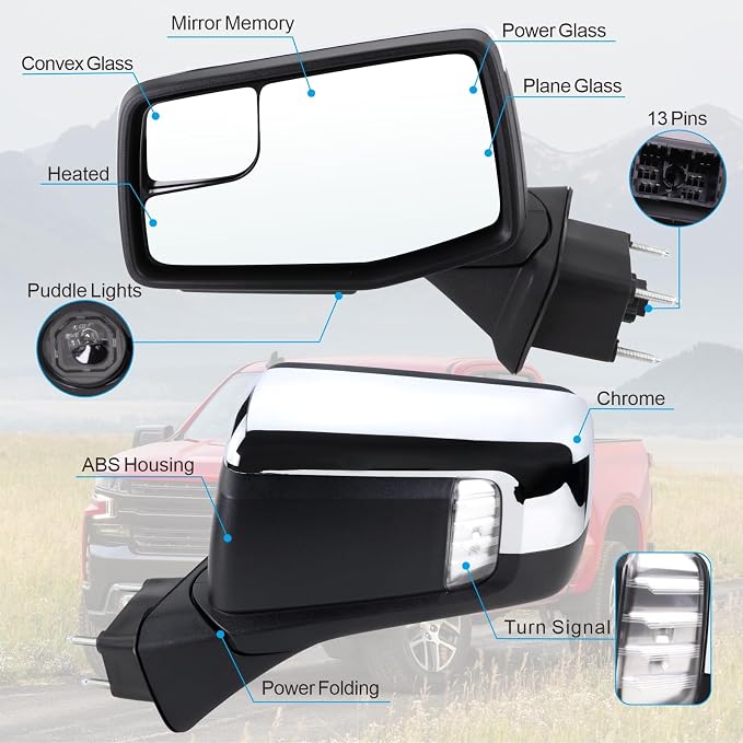 Left Driver Side Mirror Compatible With 2019-2024 Chevy Silverado 1500 With Power Glass Power Folding Heated Turn Signal Puddle Lights Mirror Memory Chrome Replace#84309683(13Pins)