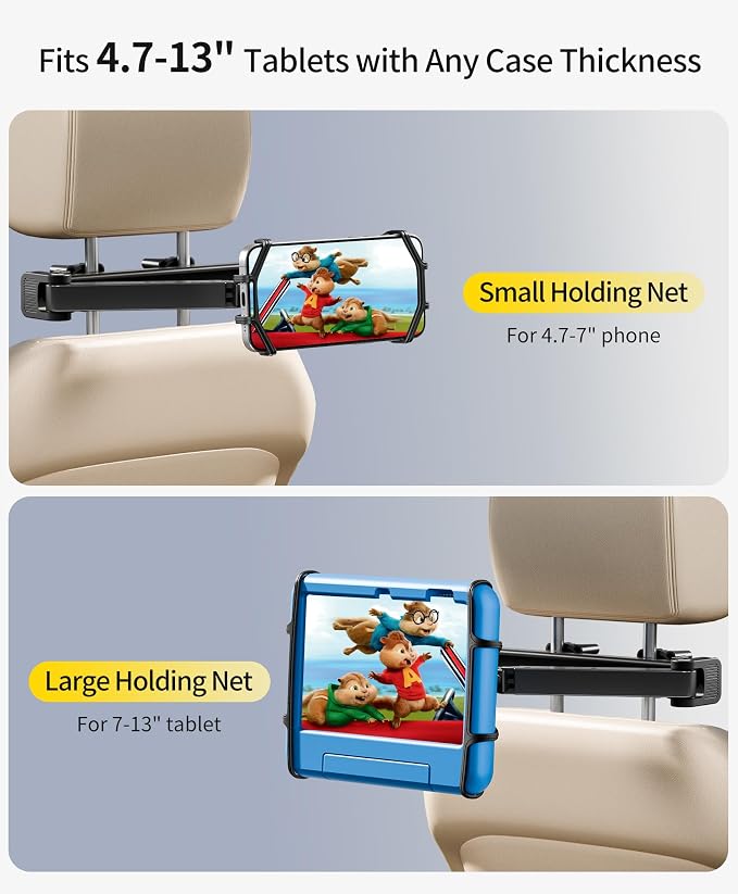Tablet Holder for Car - [3 in 1 Adjustable Extension Arm] Upgraded iPad Holder for car Backseat with Holding Net, Road Trip Essentials for Kids, for 4.7-13" iPad Pro, Air, Mini, Fire HD, Phone
