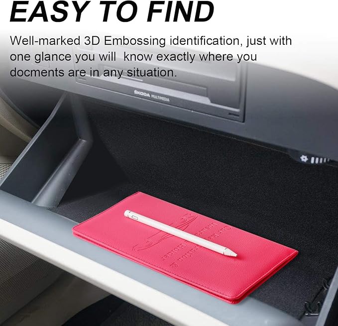Car Registration and Insurance Holder, Car Accessories Vehicle Glove Box Car Organizer Women Car Accessories with Magnetic Shut for Cards, Essential Document, Driver License, Hot Pink