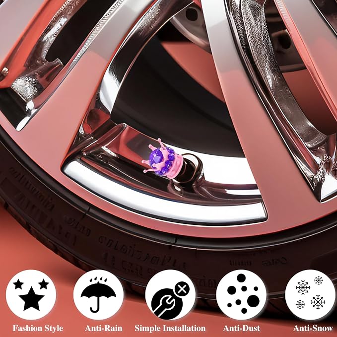 4PCS Crown Bling Tire Stem Valve Caps, Crystal Diamond Car Wheel Tire Valve Caps Universal Copper Core Stem Covers for Cars, SUV, Trucks, Bikes, Motorcycles, Bicycles (Pink & Purple)