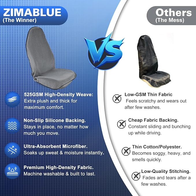 2 Pack Waterproof Towel Car Seat Covers, 1kg Heavy Duty 3-Layer Microfiber Sweat Protector, Non-Slip Machine Washable Universal Bucket Seat Covers for Cars, SUVs, Gym, Beach, Pets, Gray