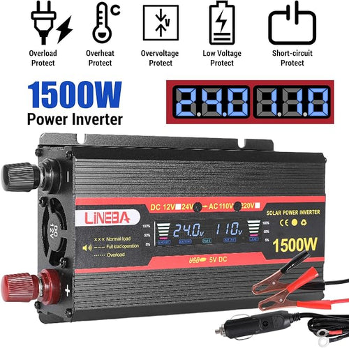 1500 Watt Power Inverter with LED Display,Dual AC Outlets,USB Port, 24V DC to 110V AC Converter Car Power Inverter for Vehicles, Car, RV, Truck, Off Grid Solar System, Outdoor Camping