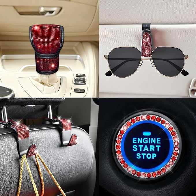 11PCS/Set Bling Car Accessories Set for Women, Rhinestone Vehicle Steering Wheel Cover Seat Belt Cushion Gear Shift Protector Cup Holder Coaster, Universal Automotive Accessories (Red)