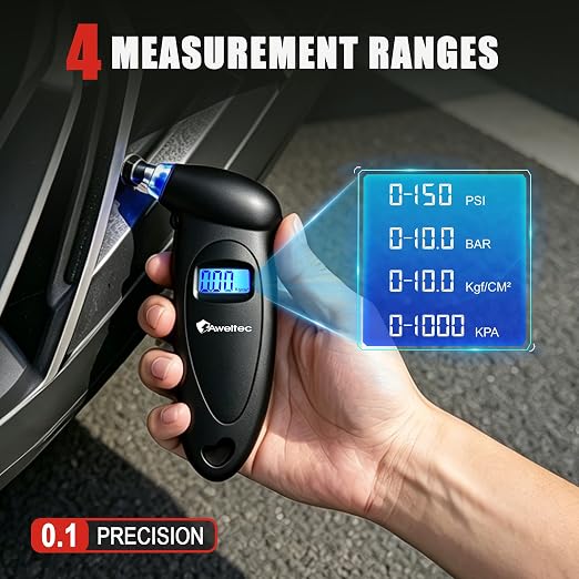 Digital Tire Pressure Gauge,Accurate Cars Air Gauge 150 PSI,Black | 0-150PSI Calibrated,Accurate in 0.1 Increments,4 Measurement Units,Backlight LCD&Nozzle Light,for Everyday Vehicles