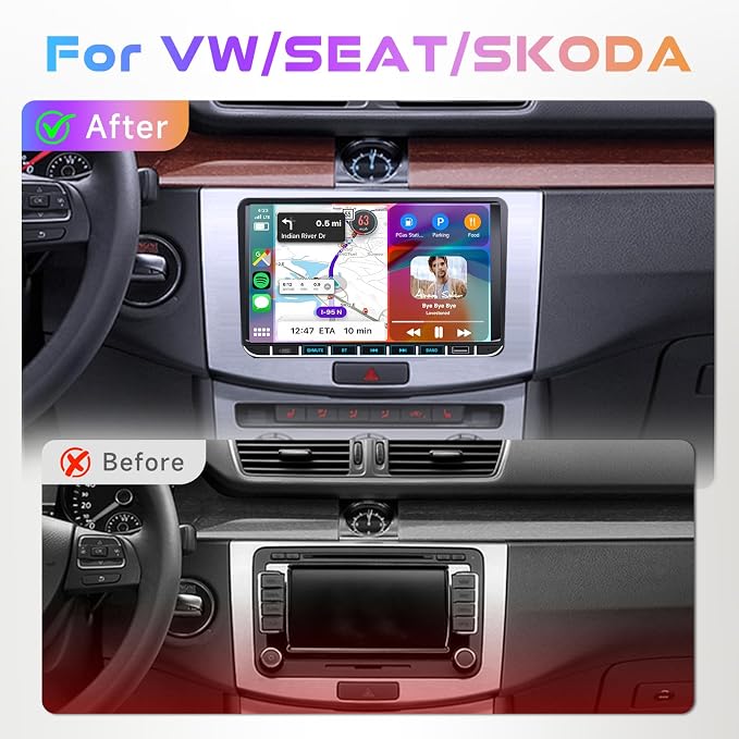 Car Stereo 4G+128G for VW Golf 5 6 Polo Passat Tiguan T5 Transporter Seat Leon, 9 Inch Touch Screen Radio GPS with Wireless Carplay Android Auto, Bluetooth DSP WiFi FM RDS,Camera