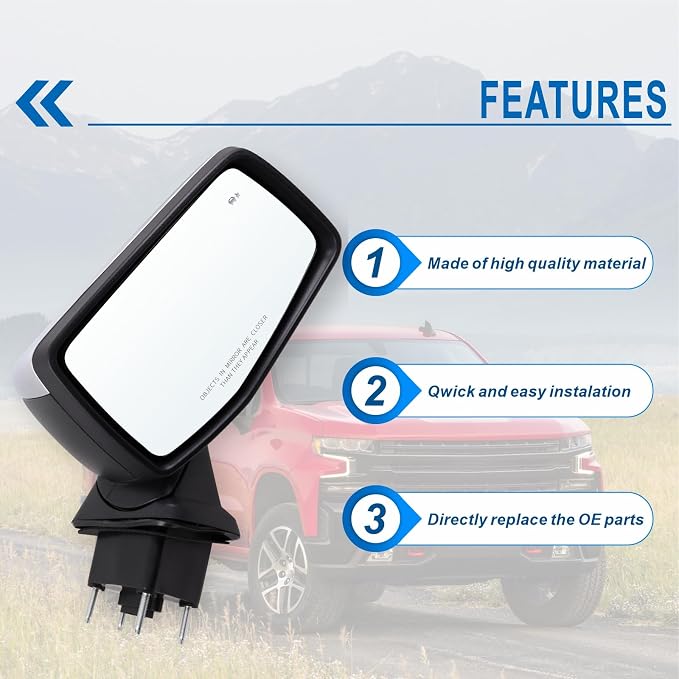 Right Passenger Side Mirror Compatible With 2019-2025 Chevy Silverado 1500 With Power Glass Manual Folding Temperature Sensor Turn Signal Heated Blind Spot Chrome Replace#GM1321586(9Pins)