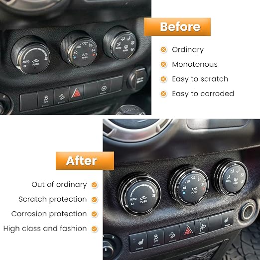 Audio Air Conditioning Button Cover Decoration Twist Switch Ring Trim for Jeep Wrangler JK JKU Patriot 2011-2018, Compass 11-16, Liberty 08-12, Dodge Challenger 08-14 Interior Accessories Black 3PCS