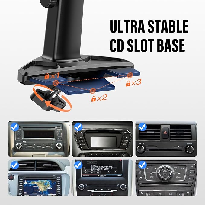 Car CD Slot Mount for Apple CarPlay Screen & GPS, Universal 17mm Ball Joint CD Player Mount, Adjustable Extended Arm, Tool-Free Installation, Stable CD Holder for CarPlay Displays & Navigation