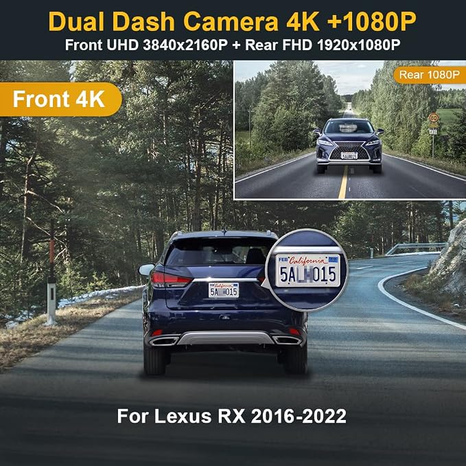 4K Dual Dash Cam Suitable for Lexus RX 2016 2017 2018 2019 2020 2021 2022 RX350 450h F Sport Luxury, OEM Style, Front 2160P Rear 1080P Video, Loop Recording WiFi, Parking Mode, 128GB Card