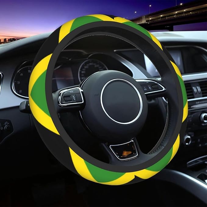 Car Steering Wheel Cover for Women Men, Non-Slip Jamaica Jamaicans Flag Car Accessory, Universal 14"-15" Fit for Cars, SUVs, Trucks (Jamaican Flag)