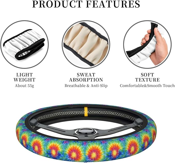 Universal 15 Inch Tie-Dye Steering Wheel Cover - Non-Slip Thick Neoprene Car Wheel Protector, Breathable Auto Interior Decor for Women Men, Fits Most Cars, SUVs, Sedans & Trucks