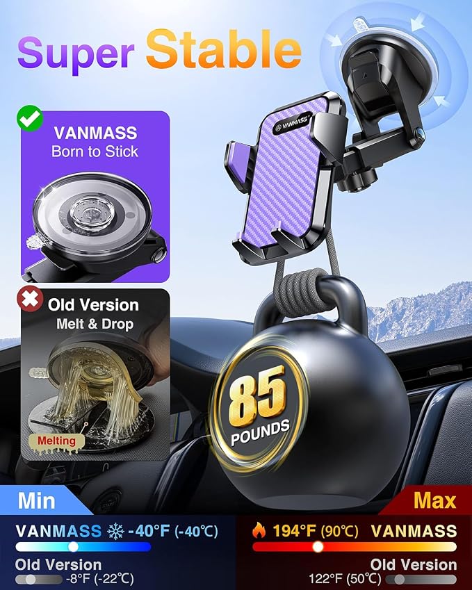 【85+LBS Strongest Suction & Military-Grade Ultimate Car Phone Mount【Patent & Safety Certs】 Cell Holder Truck for Dash Windshield Vent for iPhone 17 Pro Max Automobile Accessory Kits,Purple