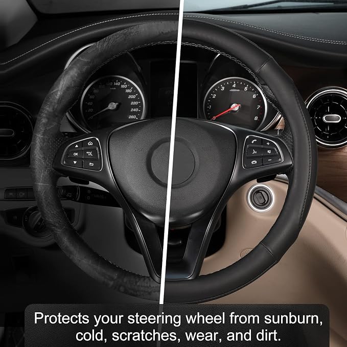Car Steering Wheel Cover for Medium Standard Size Steering Wheels with 14 1/2-15 inches Outer Diameter, Black Microfiber Leather