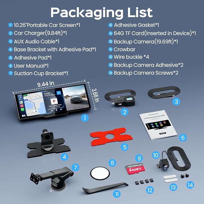 10.26" Portable Apple CarPlay Screen for Car with 4K Dash Cam and 1080P Backup Camera, Wireless Car Play & Android Auto, OTA, GPS Navigation, Voice Control, Mirror Link