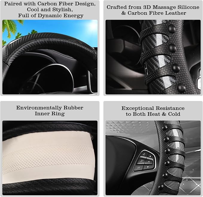 Car Leather Steering Wheel Cover - Carbon Fibre Material, Universal 14.5-15 Inch Leather Anti-Slip Breathable Auto Steering Wheel Covers for Men Women (3D Massage - Sports Black)