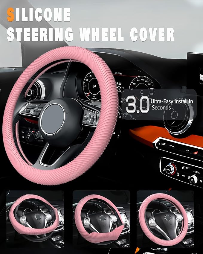 Car Steering Wheel Cover, Thin Anti-Skid Silicone Steering Wheel Cover for Men & Women, Universal Automotive Interior Accessories for Most Cars (Pink)