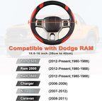 Customized Auto Car Steering Wheel Cover for Dodge RAM 1500 2500 3500, 15.5-16 inch (Black+Red-Large Size)