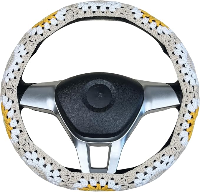 Handmade Crochet White Moon and Sun Car Steering Wheel Covers Universal 14-15 inch for Women and Men (Steer Wheel Cover+ 2 Belt Cover)