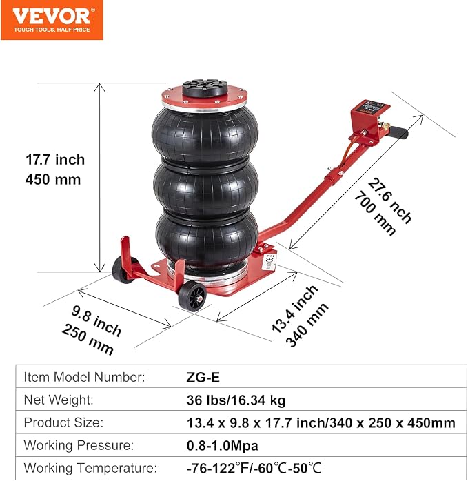Air Jack, 3 Ton/6600 lbs Triple Bag Air Jack, Airbag Jack with Six Steel Pipes, Lift up to 17.7 inch/450 mm, 3-5 s Fast Lifting Pneumatic Jack, with Long Handles for Cars, Repair, (Red)