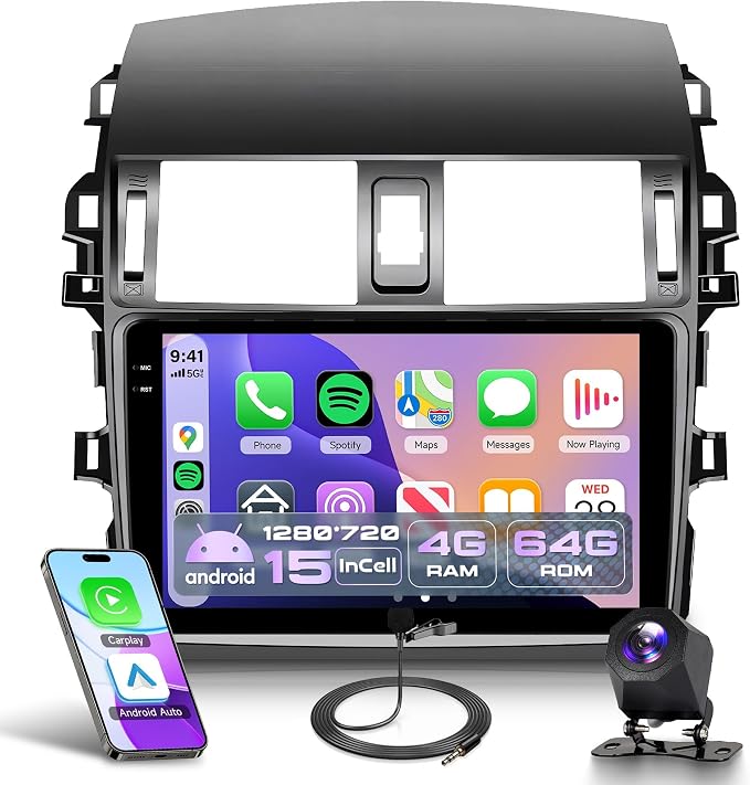 4G+64G Carplay Radio for Toyota Corolla 2009 2010 2011 2012 2013, Android 15 Car Stereo Android auto GPS WiFi 9’’ Touch Screen BT/FM Mirror Link RCA USB SWC Backup Camera