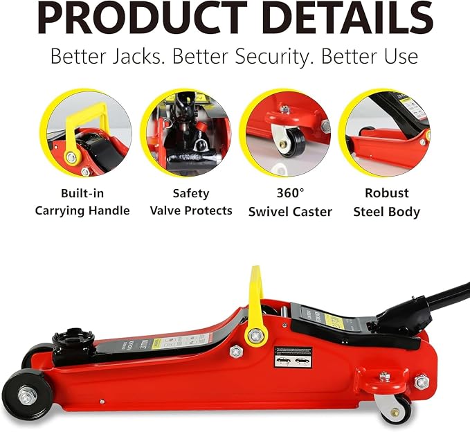 2 Ton Low Profile Floor Jack, Heavy Duty With Single Piston Quick Lift Pump, Steel Car Jack Adjustable Height 3.3"-15.2", Hydraulic Trolley 4000 LBS Capacity, Red