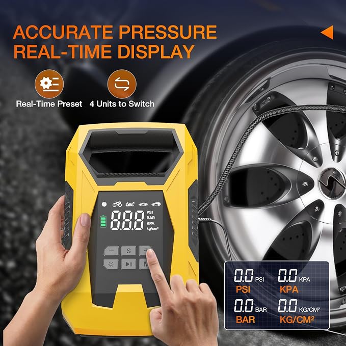 AC/DC Tire Inflator Portable Air Compressor Dual Power Supply 110V AC 12V DC 150PSI Fast Inflation Heavy Duty with LED Light Pressure Gauge Auto Shutoff Pump for Car Motorcycle Bicycle Ball