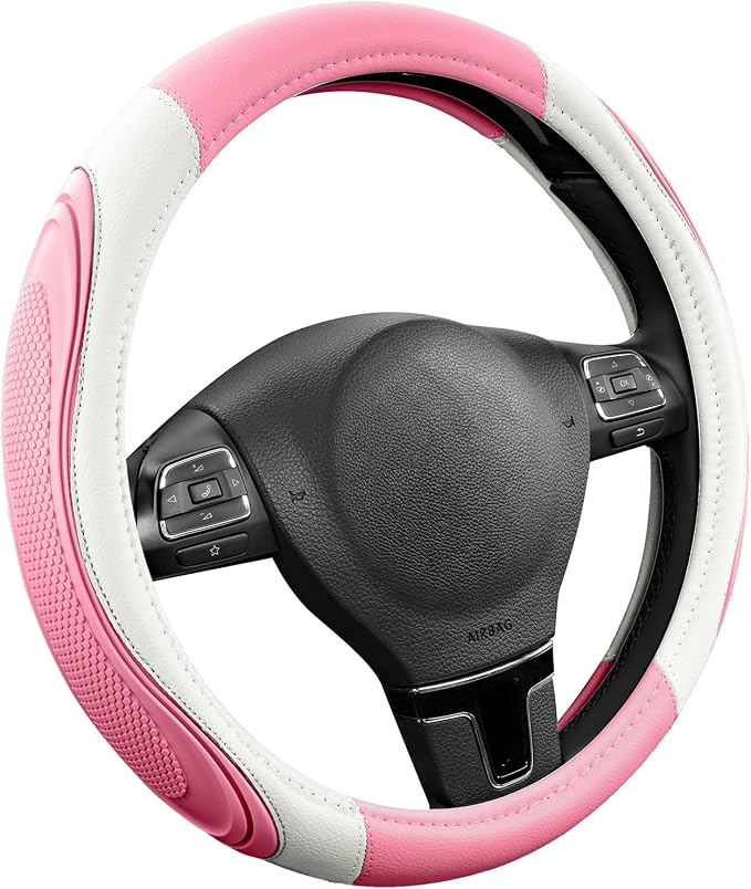 Car Steering Wheel Cover - Microfiber Leather Steering Wheel Wrap Sports 14.5-15 Inch Steering Wheel Cover Non-Slip for Men Women Pink & White Color