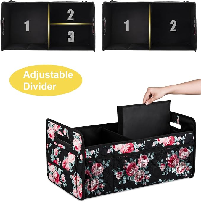 Car Trunk Organizers and Storage for SUV, Collapsible Multi Compartment Container Box Adjustable Car Accessories for Women Men, Black Floral