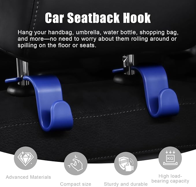 Purse Hook for Car, 4 PCS Car Purse Hook Headrest Hooks, 360° Rotatable Back Seat Storage Organizer, Universal Vehicle Seat Hanger for Purses, Handbags, Grocery Bags, Water Bottles, Blue